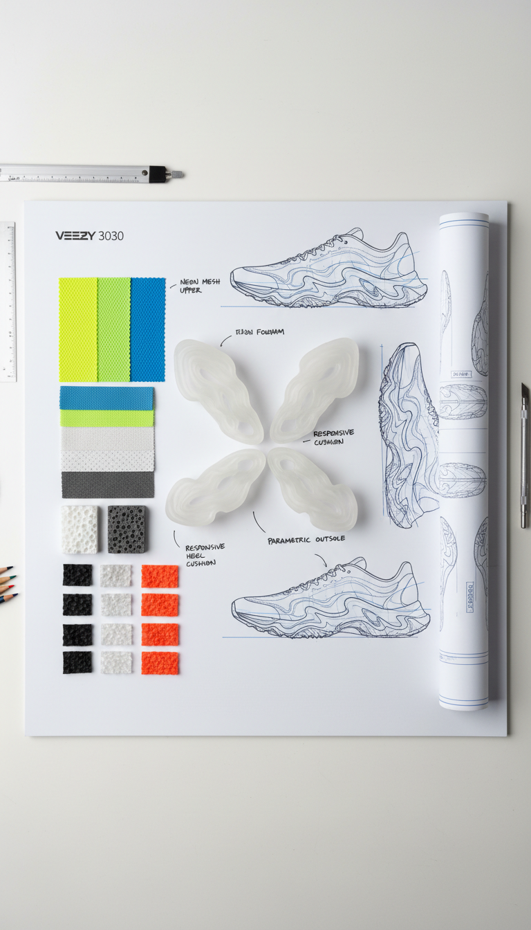 An overhead, organized flat lay of the Veezy 3030 sneaker concept board, displaying material samples such as neon mesh textiles, responsive foam, and custom rubber segments, alongside 3D-printed outsole prototypes and annotated blueprints. Set on a matte white drafting table, the environment is crisp and uncluttered. Bright, even studio lighting ensures true-to-color material representation and clarity for every detail. The overall mood is precise and thoughtfully crafted, emphasizing innovation and transparency in the sneaker's design evolution. Photorealistic style with sharp focus throughout, ideal for conveying the process behind the shoe’s creation.